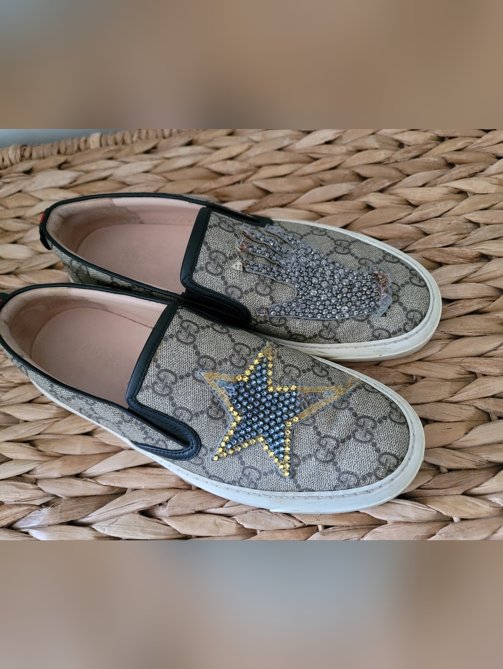 Gucci Beige Monogram Slip-On Mules with Beaded Star & Hand